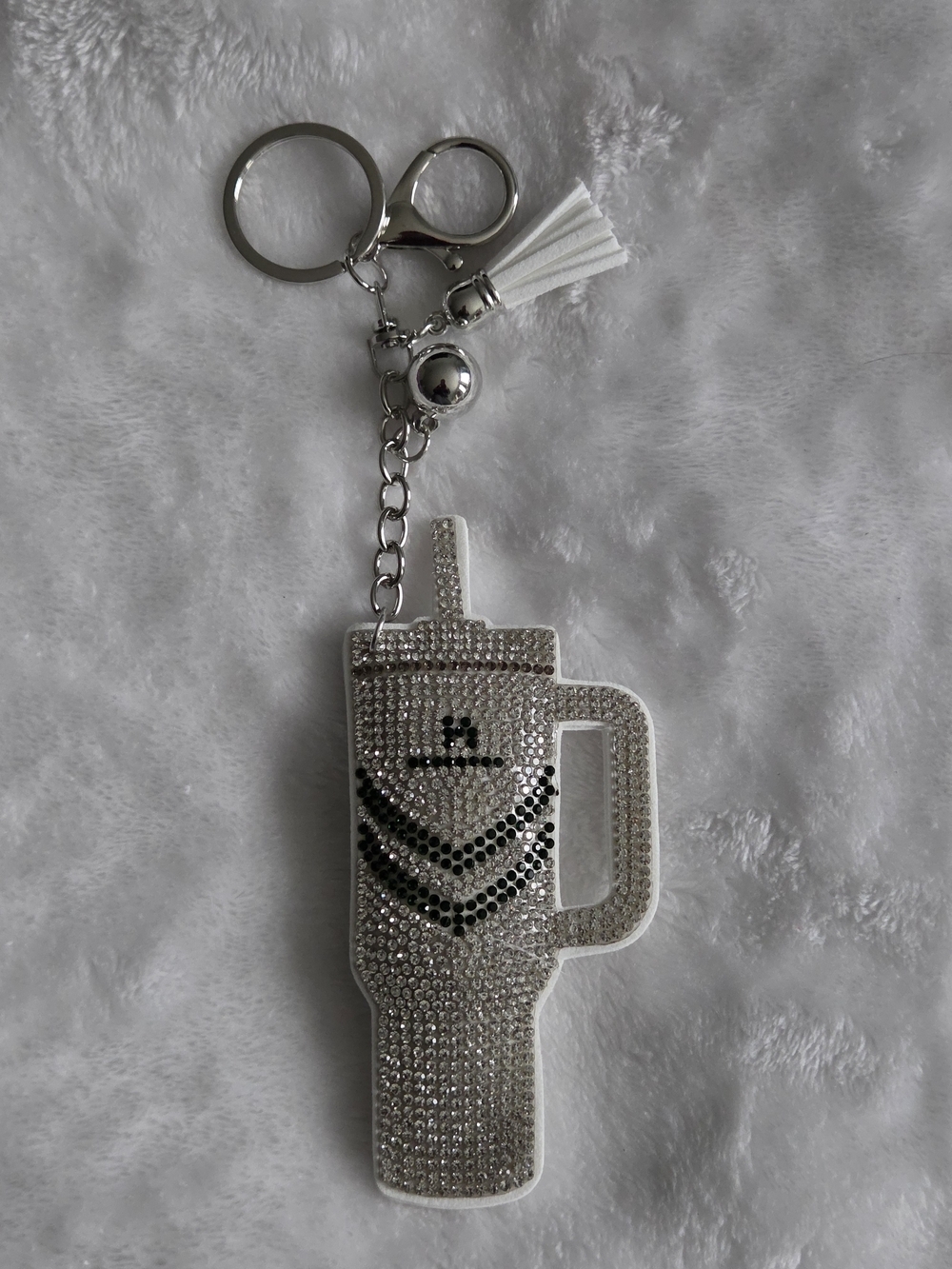 Rhinestone Stanley Cup Keychain - Silver & White Bag Charm